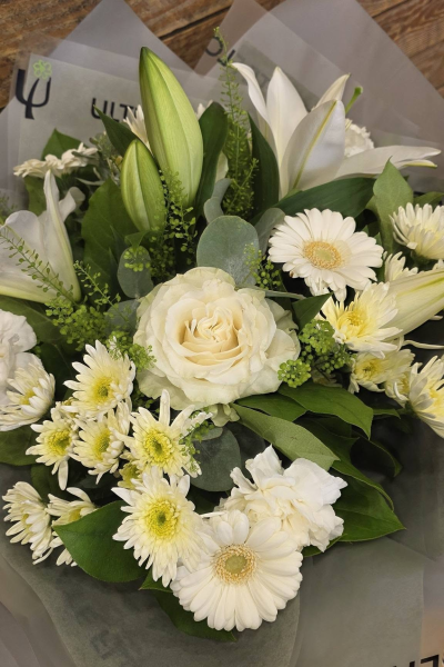 White Haven - An elegant bouquet in fresh white and soft cream tones, complemented by lush greenery for a beautifully timeless finish.