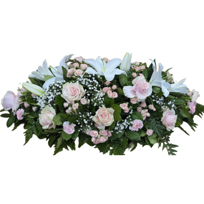 Pink & White Spray - An elegant casket spray in soft pink and fresh white tones, beautifully complemented by abundant greenery for a graceful, heartfelt finish.