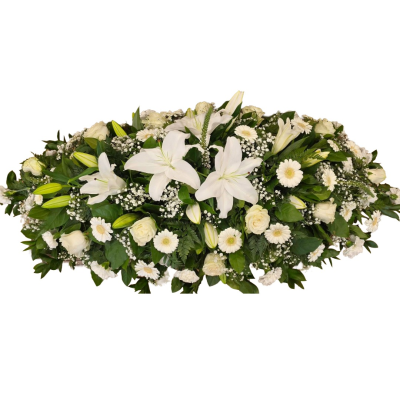 White Grace Spray - An elegant casket spray in timeless white and fresh green tones, creating a graceful and beautifully peaceful tribute.